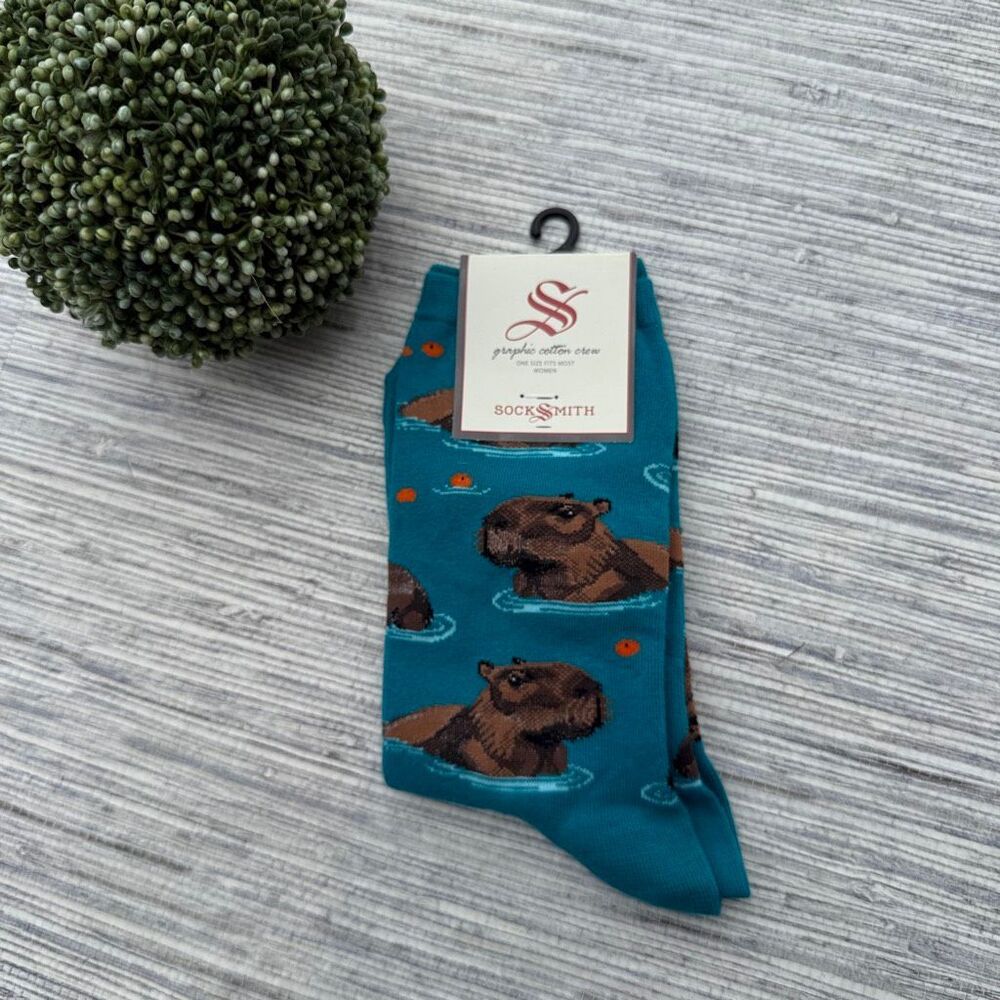 Socksmith "Capybara Chill" Teal Cotton Crew Socks NWT